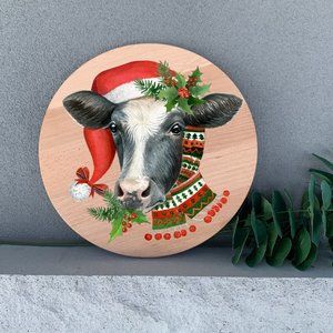 Holiday Wall Decor Cow Christmas 12" Thin Birch Round Handmade Wall Art